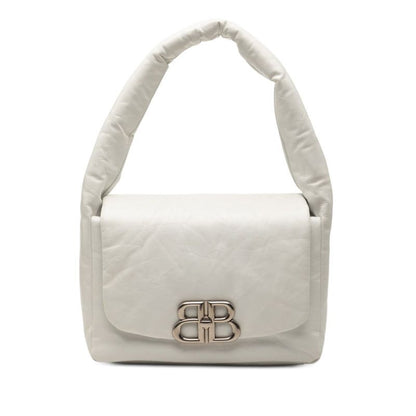Balenciaga Monaco BB Logo Shoulder Bag White Leather