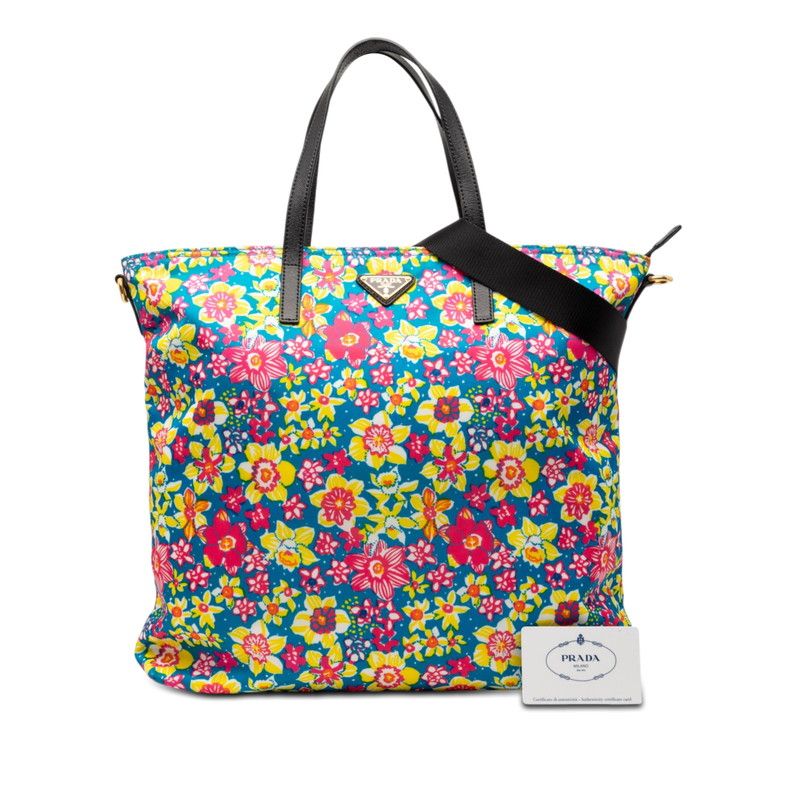 Prada Floral Tote Shoulder Bag 2-Way Blue Pink Multicolor Nylon Leather — view 6