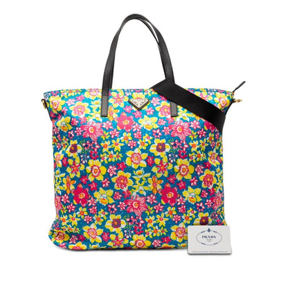 Prada Floral Tote Shoulder Bag 2-Way Blue Pink Multicolor Nylon Leather — view 6