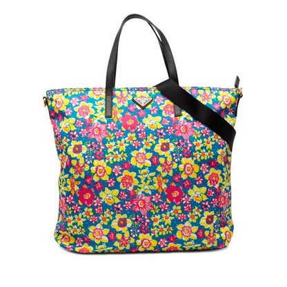 Prada Floral Tote Shoulder Bag 2-Way Blue Pink Multicolor Nylon Leather