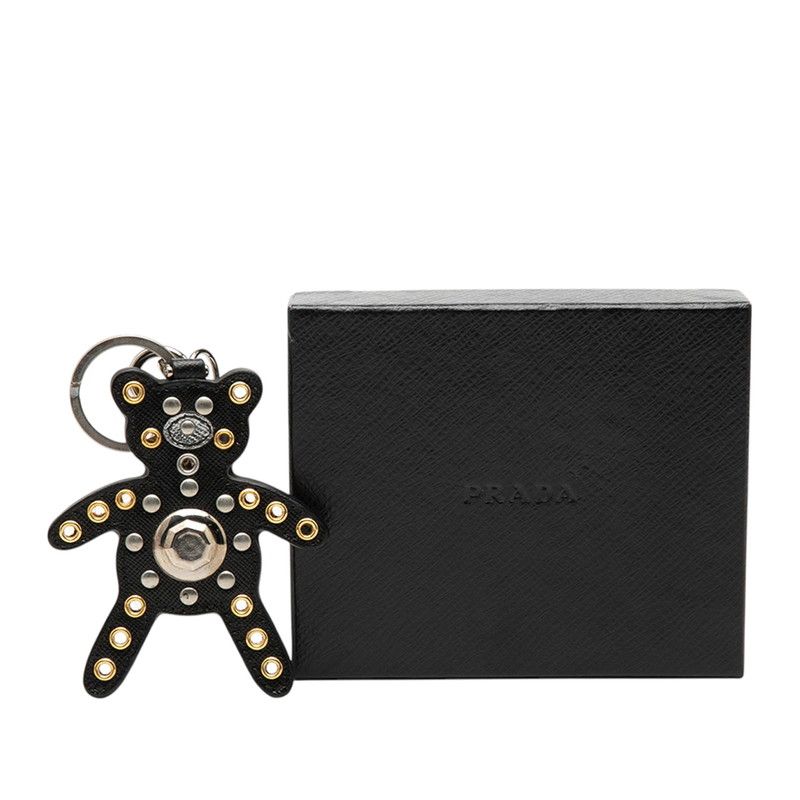 Prada Bear Studs Bag Charm Key Holder Black Multicolor Saffiano Leather — view 4