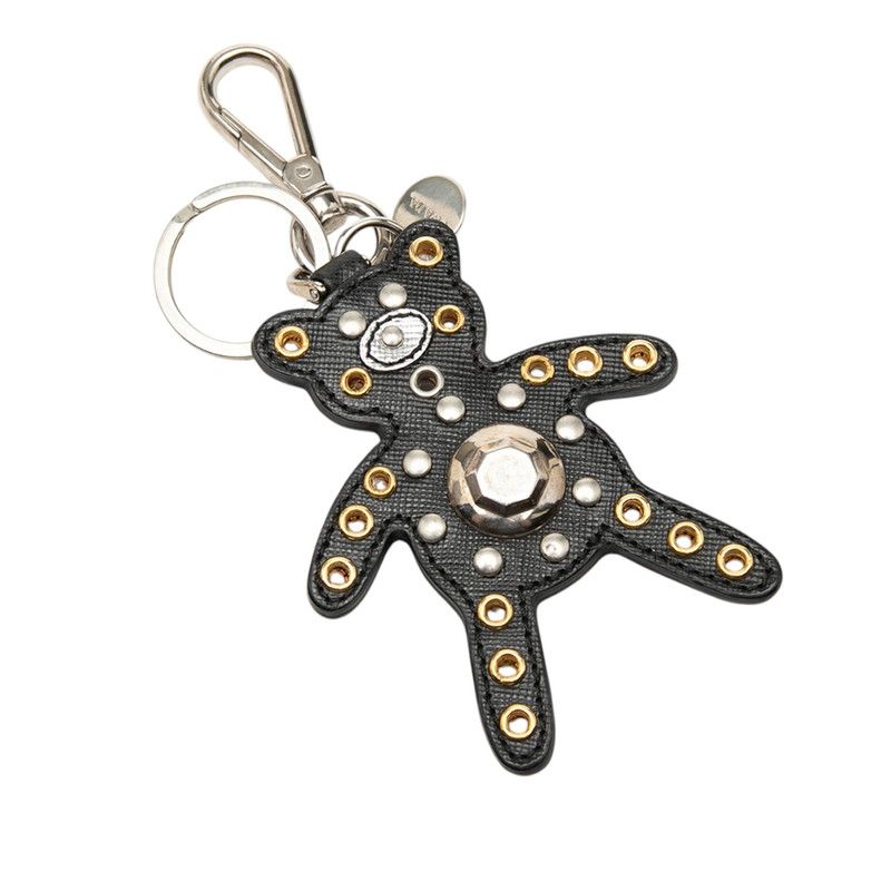 Prada Bear Studs Bag Charm Key Holder Black Multicolor Saffiano Leather