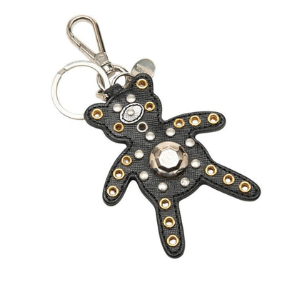 Prada Bear Studs Bag Charm Key Holder Black Multicolor Saffiano Leather
