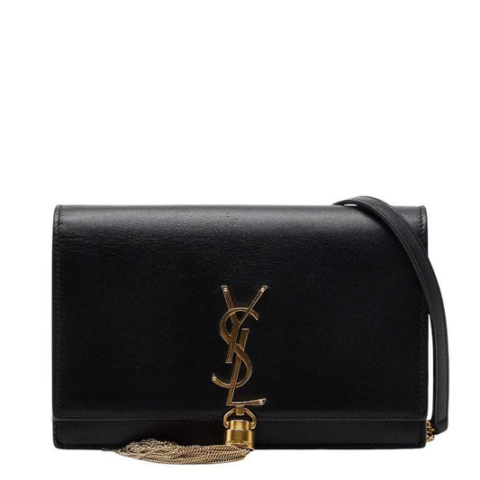 Saint Laurent YSL Logo Tassel Chain Wallet Shoulder Bag Black Leather 1