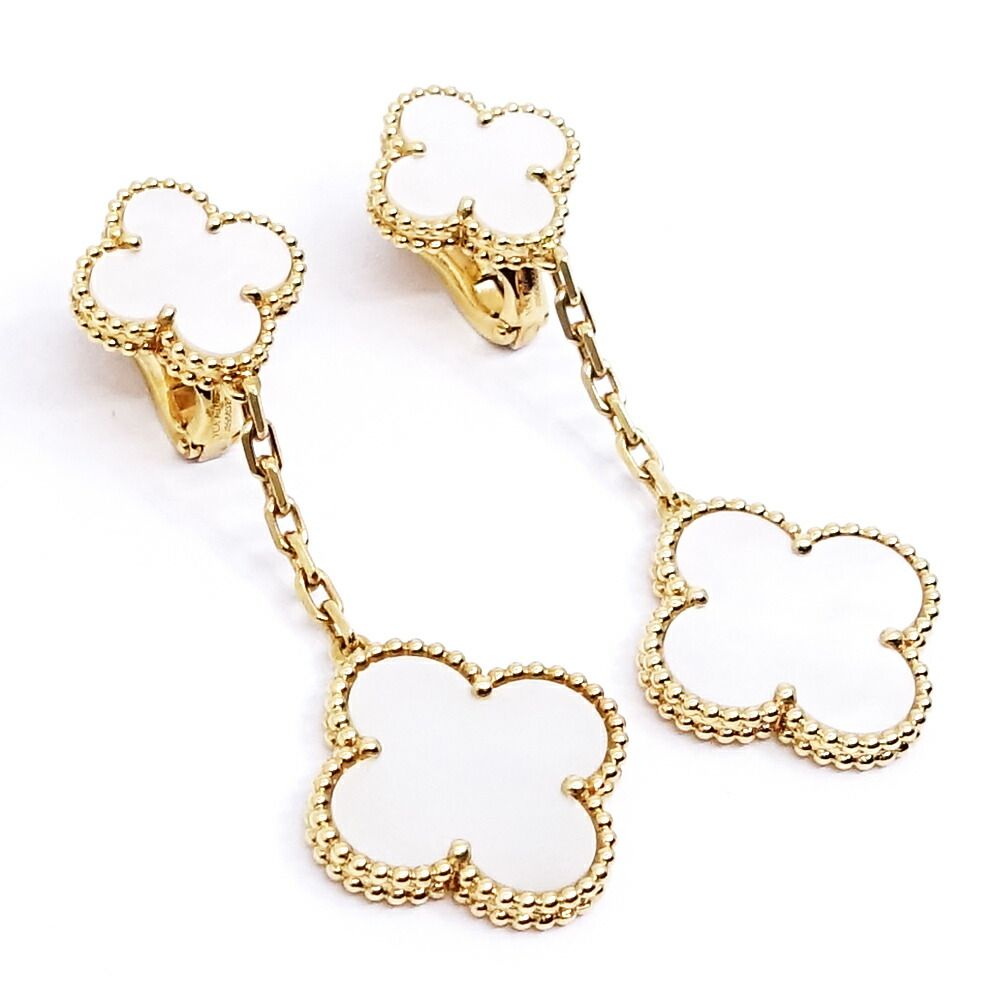 Van Cleef & Arpels 18k Yellow Gold Magic Alhambra 2 Motif Earrings Mop — view 2