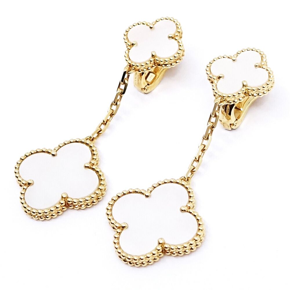 Van Cleef & Arpels 18k Yellow Gold Magic Alhambra 2 Motif Earrings Mop — view 3
