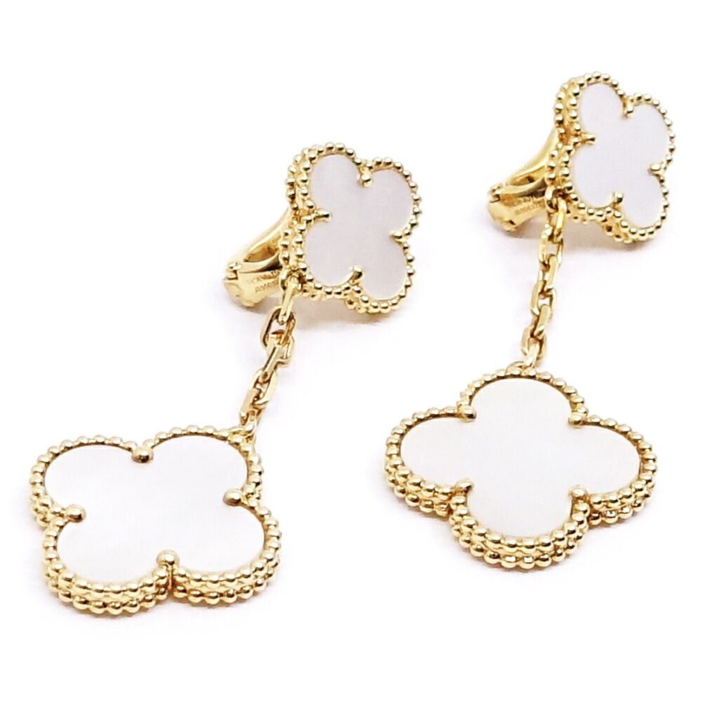 Van Cleef & Arpels 18k Yellow Gold Magic Alhambra 2 Motif Earrings Mop — view 7