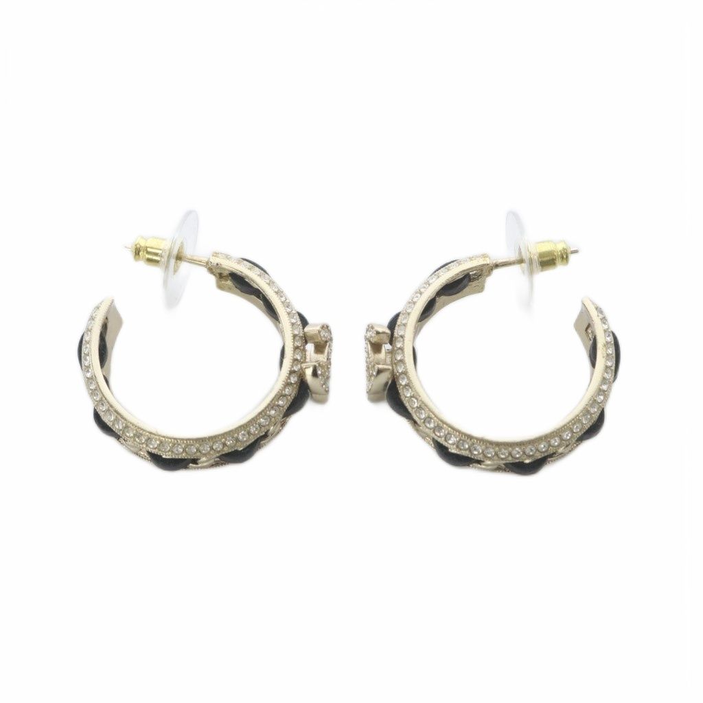 Chanel CC Logo Hoop Earrings Gold Color Black — view 5