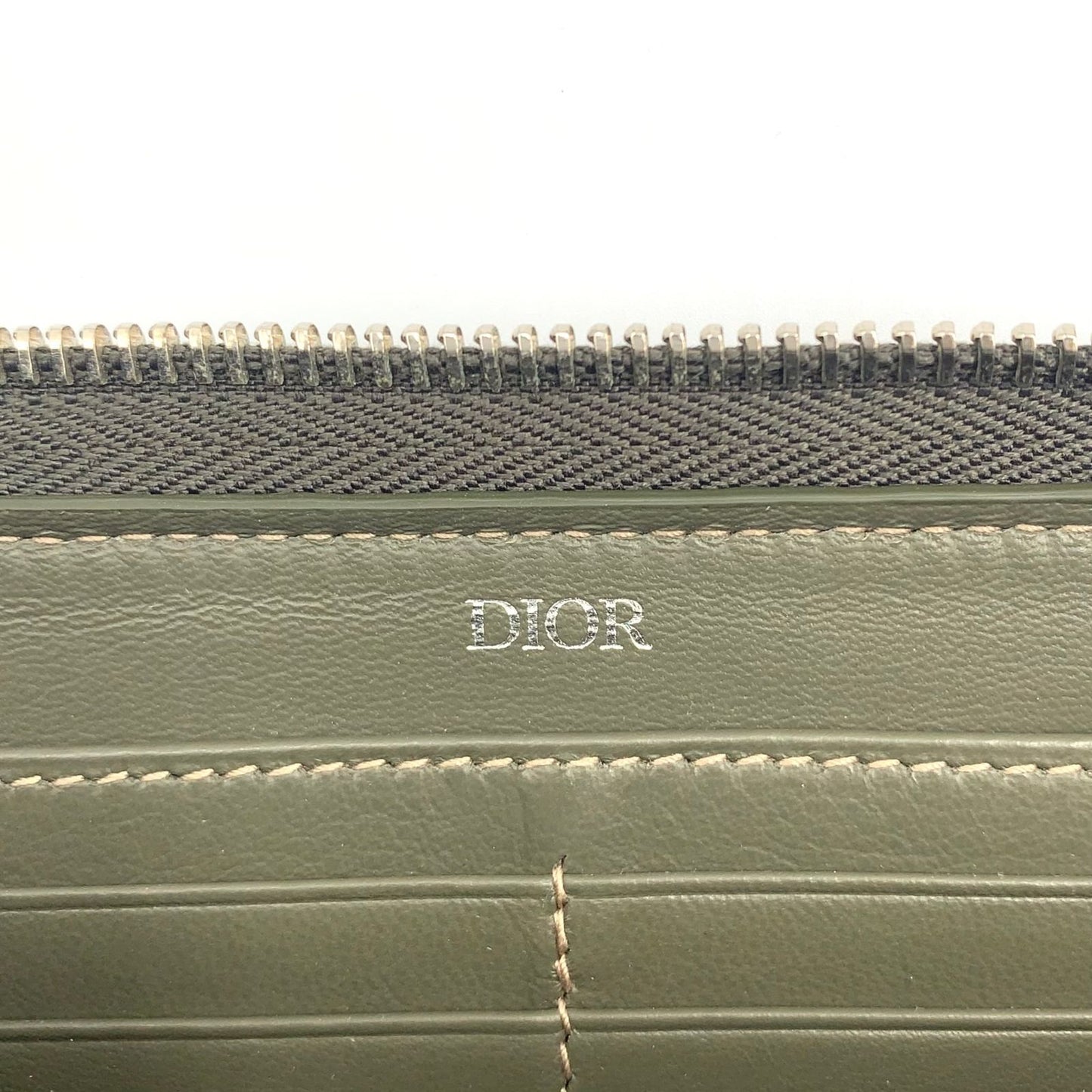Dior CD Metal Logo Leather Khaki Green Wallet Silver — view 4
