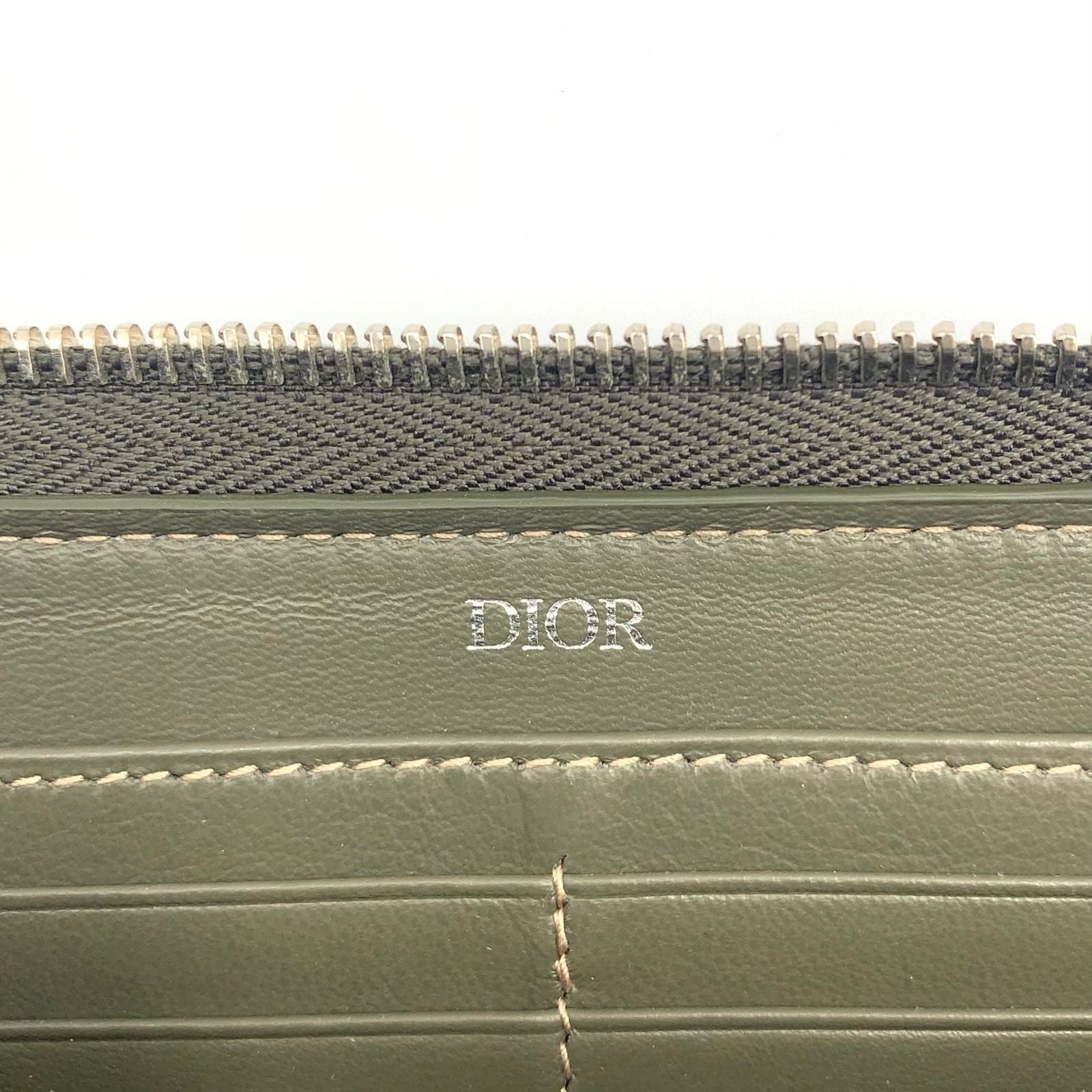 Dior CD Metal Logo Leather Khaki Green Wallet Silver — view 4
