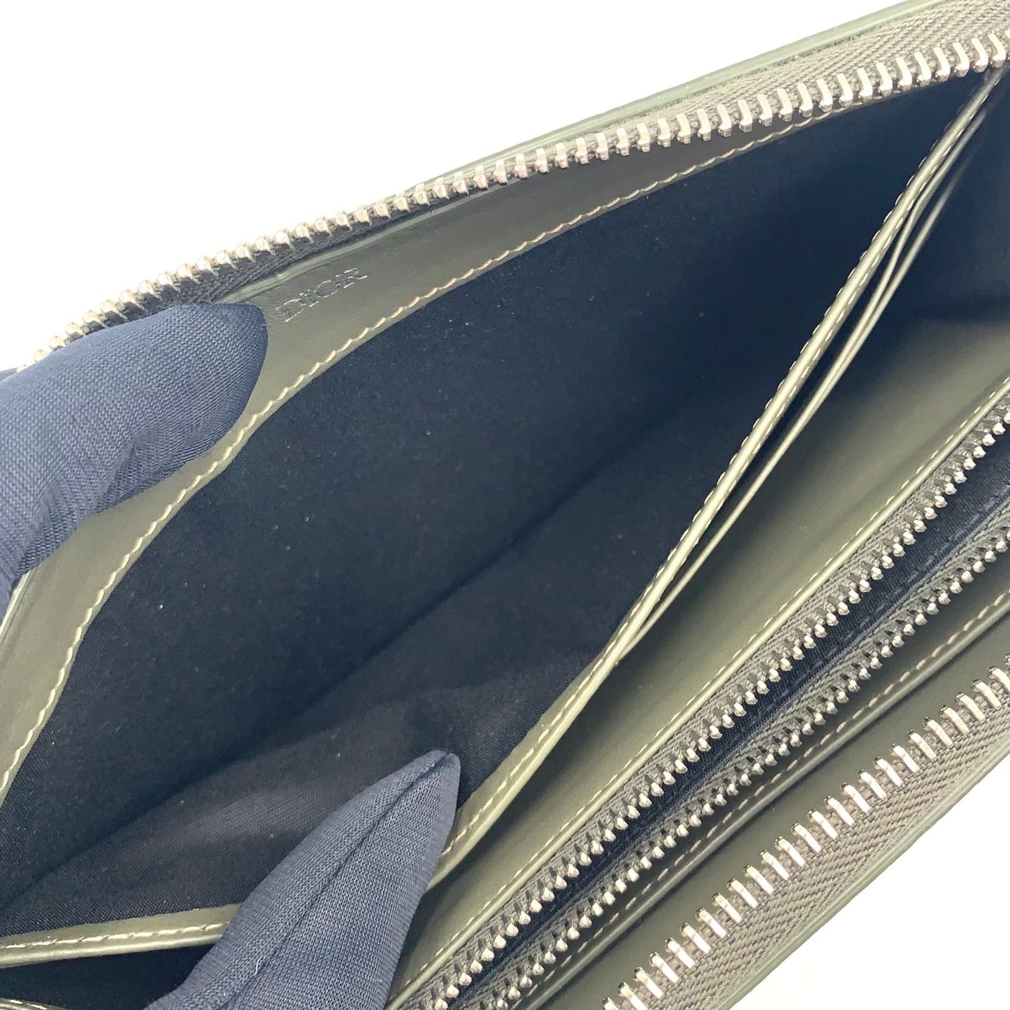 Dior CD Metal Logo Leather Khaki Green Wallet Silver — view 6