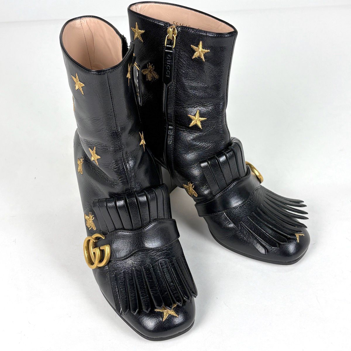 Gucci GG Marmont Side Zip Short Boots Star Bi Embroidery Shoes Leather Black — view 8