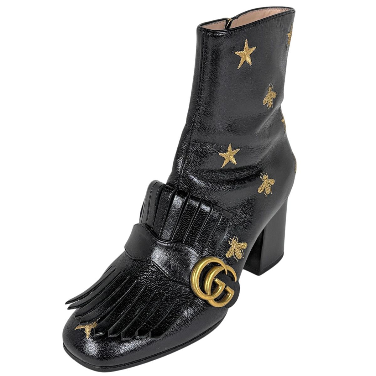 Gucci GG Marmont Side Zip Short Boots Star Bi Embroidery Shoes Leather Black