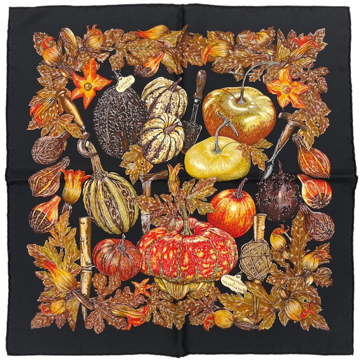 Hermes Carre 40 Citrouilles ET Coloquintes Pumpkin and Scarf Silk Black