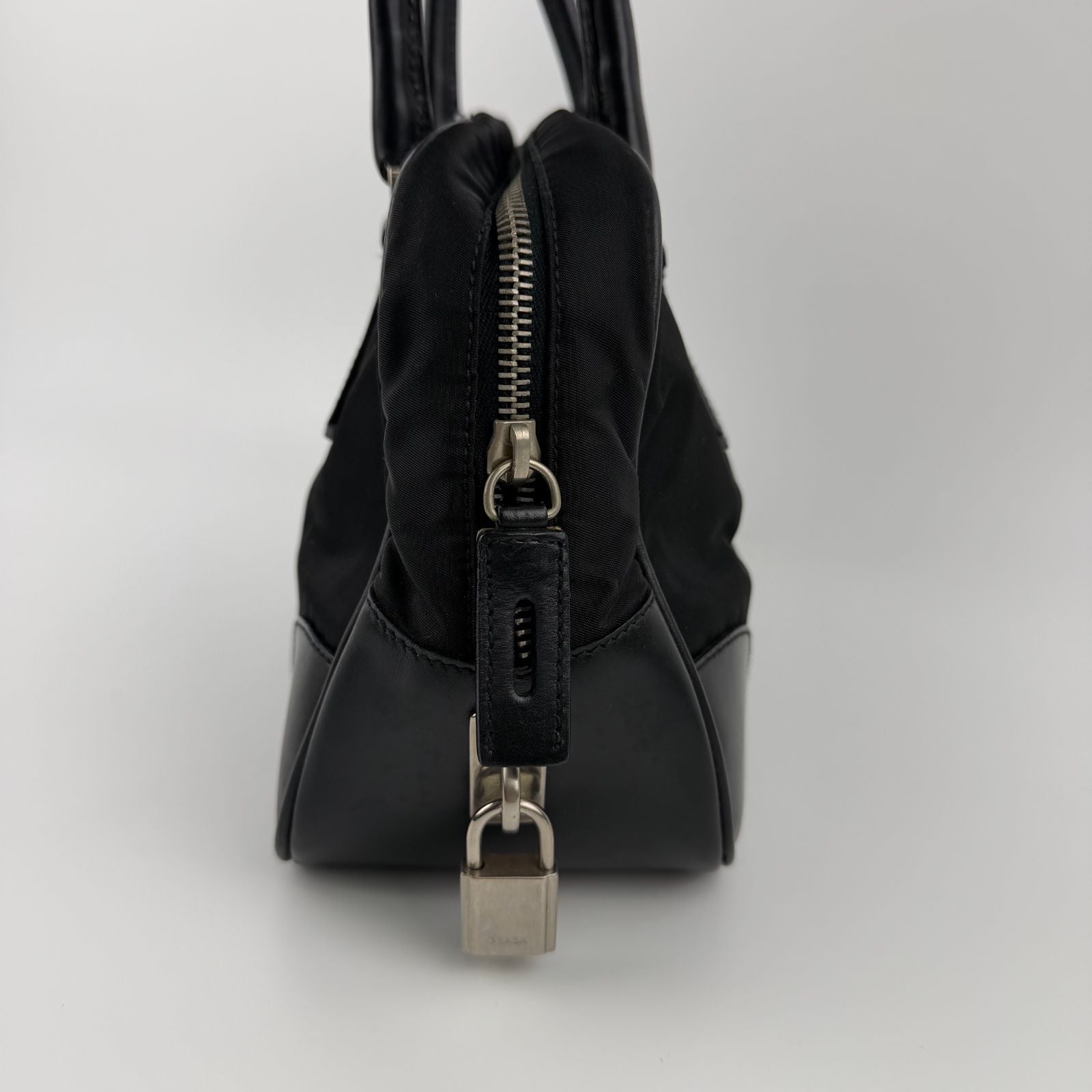 Prada Tote Shoulder Bag Black Leather Nylon Vintage — view 4