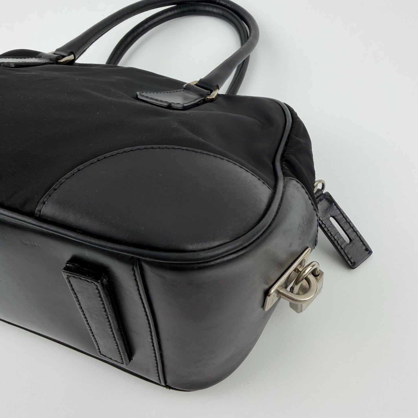 Prada Tote Shoulder Bag Black Leather Nylon Vintage — view 8