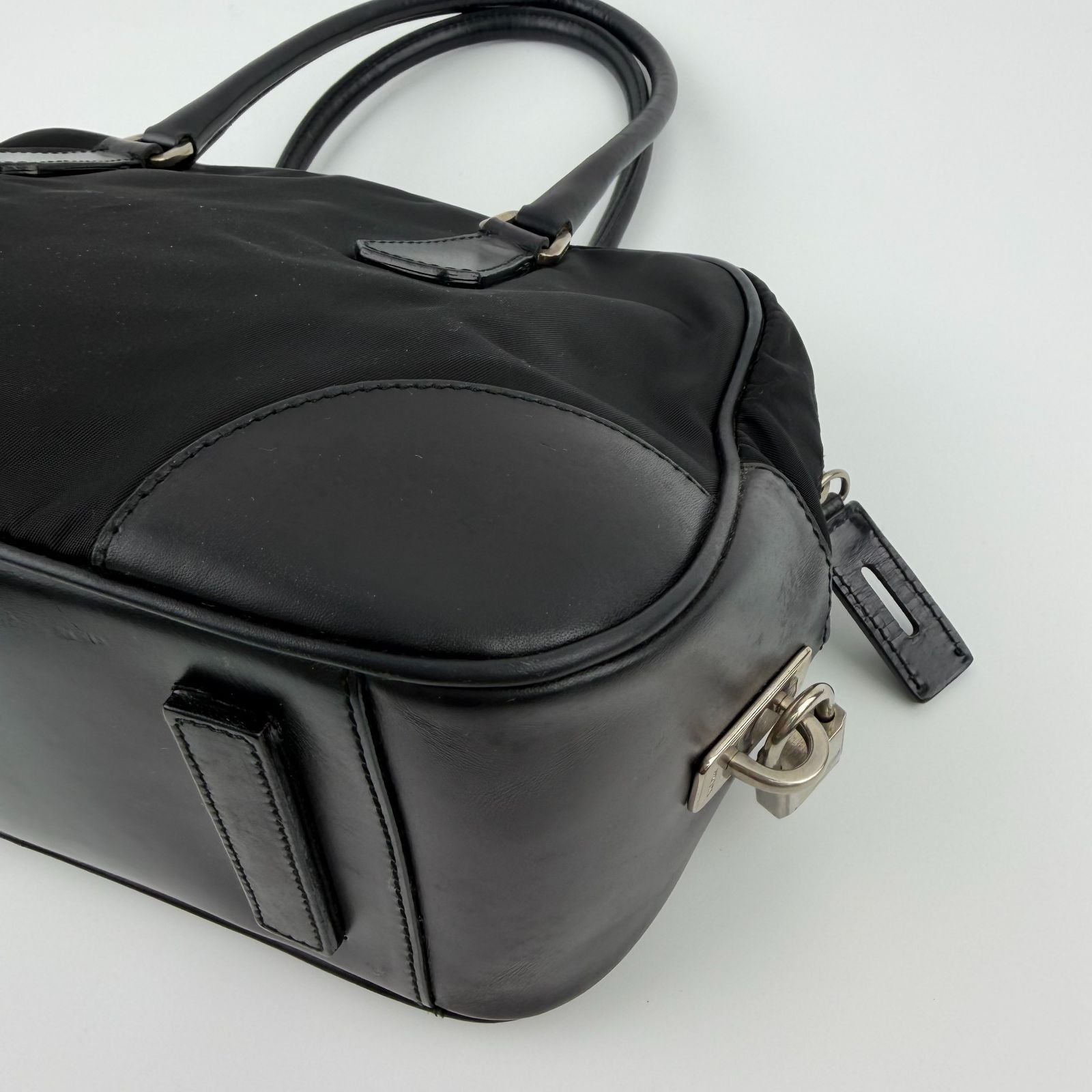 Prada Tote Shoulder Bag Black Leather Nylon Vintage — view 8