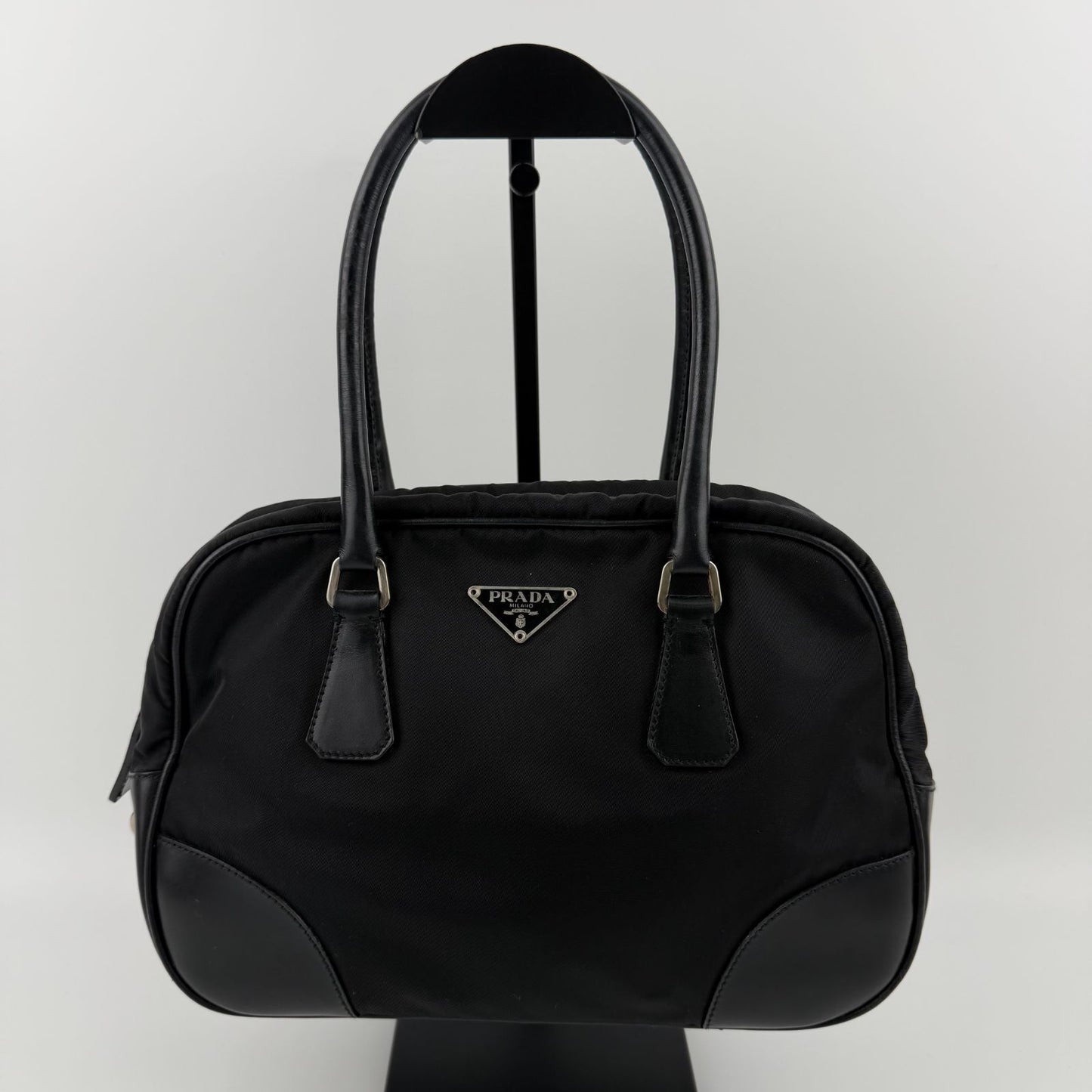 Prada Tote Shoulder Bag Black Leather Nylon Vintage