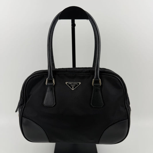 Prada Tote Shoulder Bag Black Leather Nylon Vintage