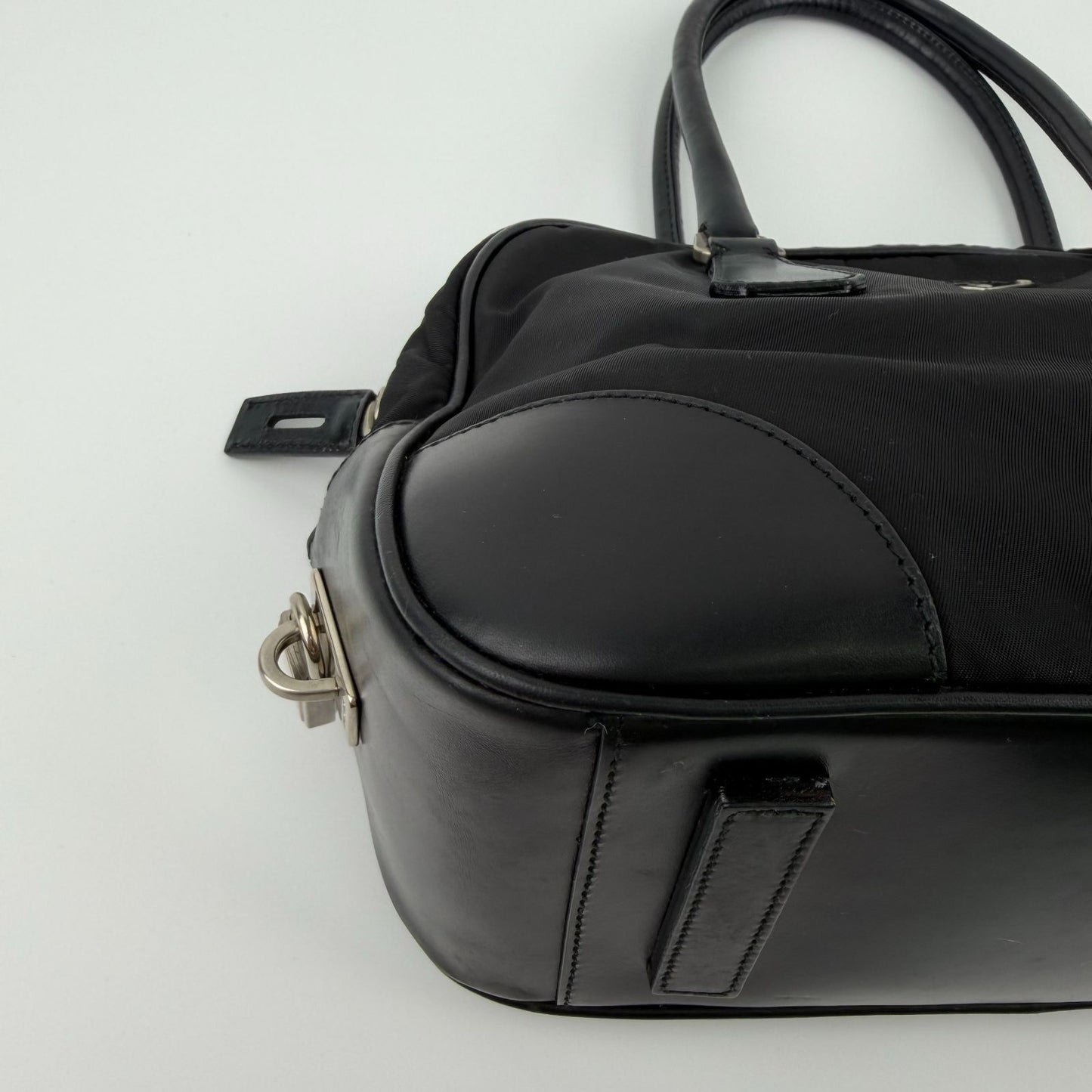 Prada Tote Shoulder Bag Black Leather Nylon Vintage — view 7
