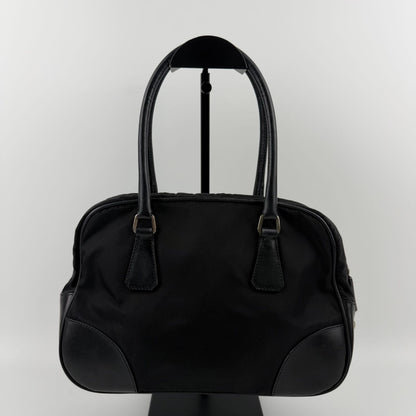 Prada Tote Shoulder Bag Black Leather Nylon Vintage — view 2