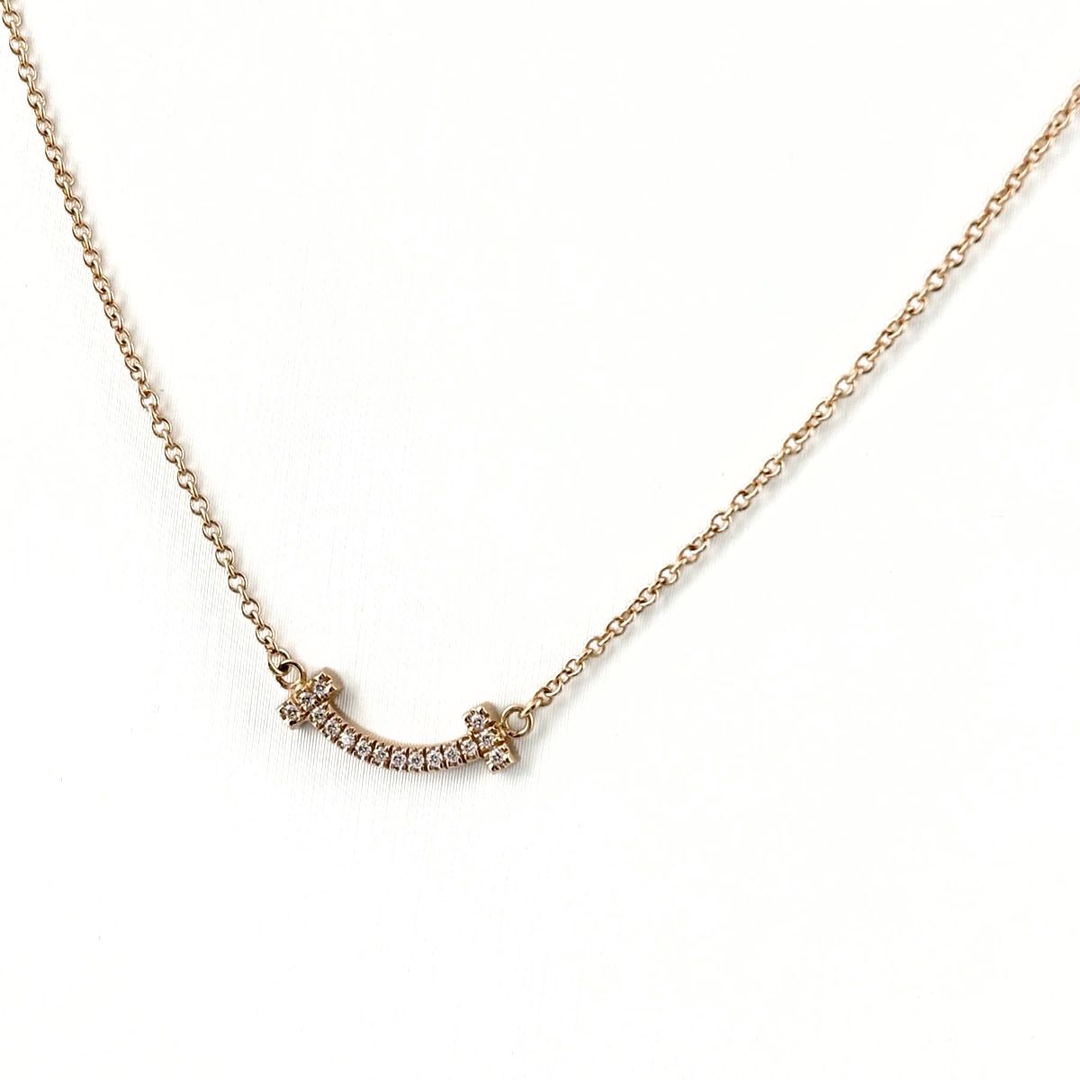 Tiffany & Co T Smile Diamond Mini Necklace PG Pink Gold Pendant Melee
