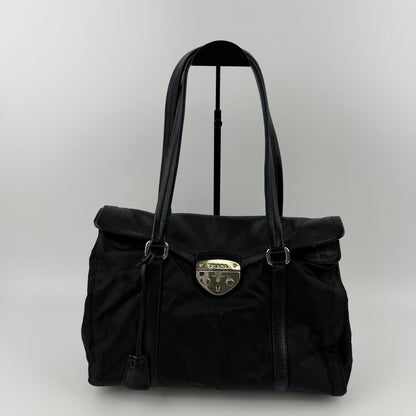 Prada Pocono Tote Black Nylon Leather Vintage