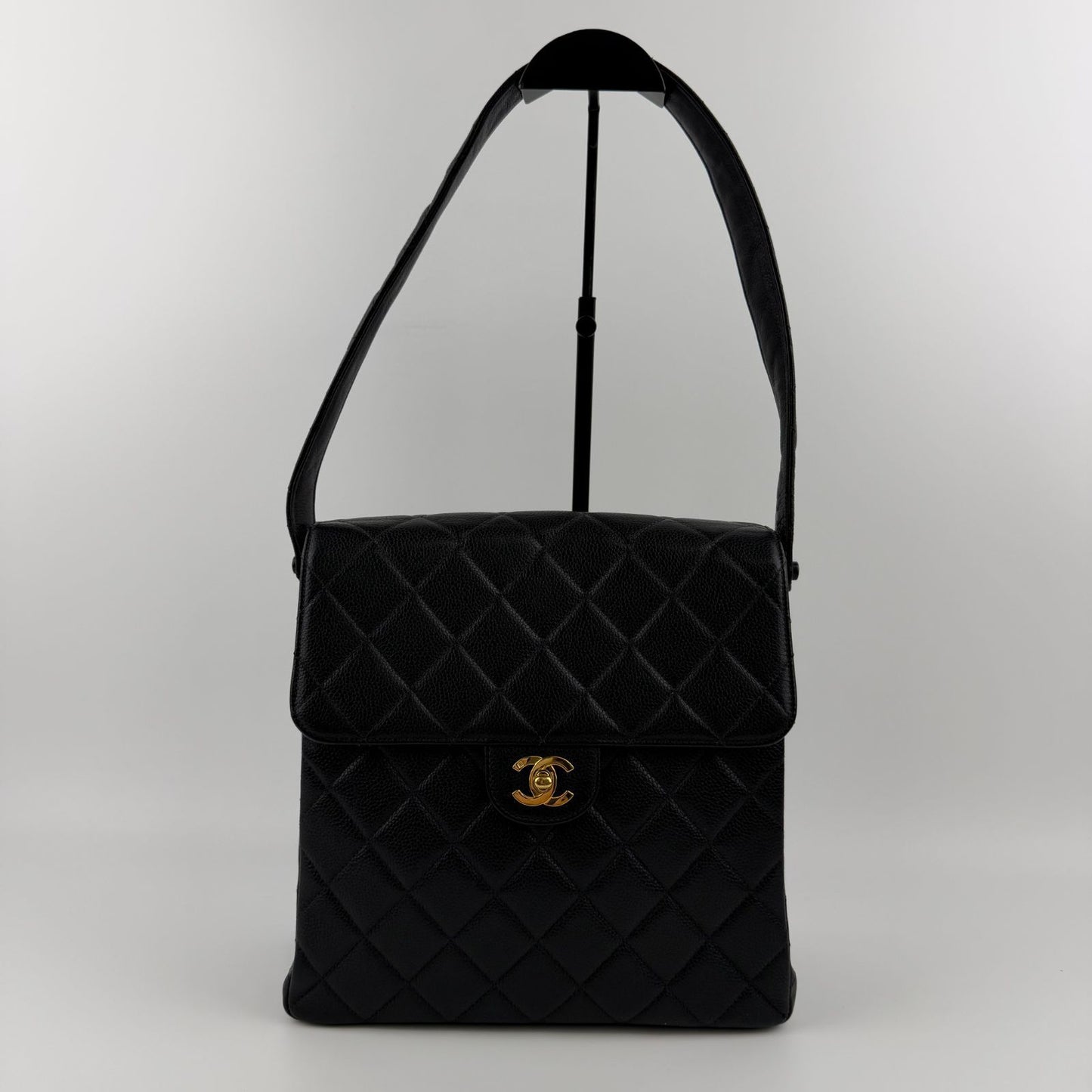 Chanel CC Logo Quilted Double Face Shoulder Bag Black Caviar Leather Vintage