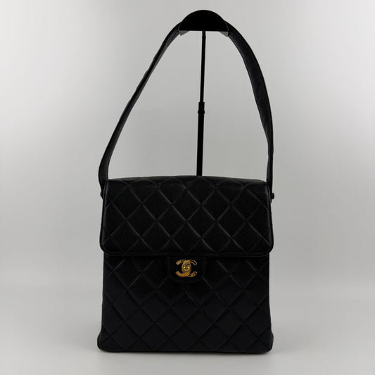 Chanel CC Logo Quilted Double Face Shoulder Bag Black Caviar Leather Vintage