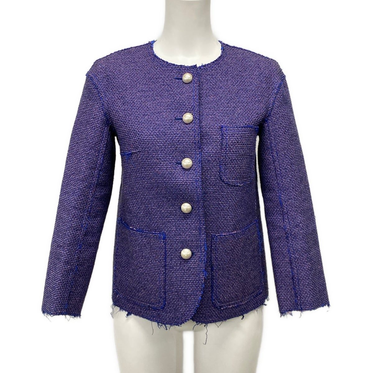 Chanel Jacket 36 S Blue Pink Black Pearl Tweed Cotton