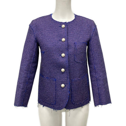 Chanel Jacket 36 S Blue Pink Black Pearl Tweed Cotton