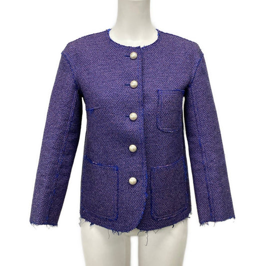 Chanel Jacket 36 S Blue Pink Black Pearl Tweed Cotton