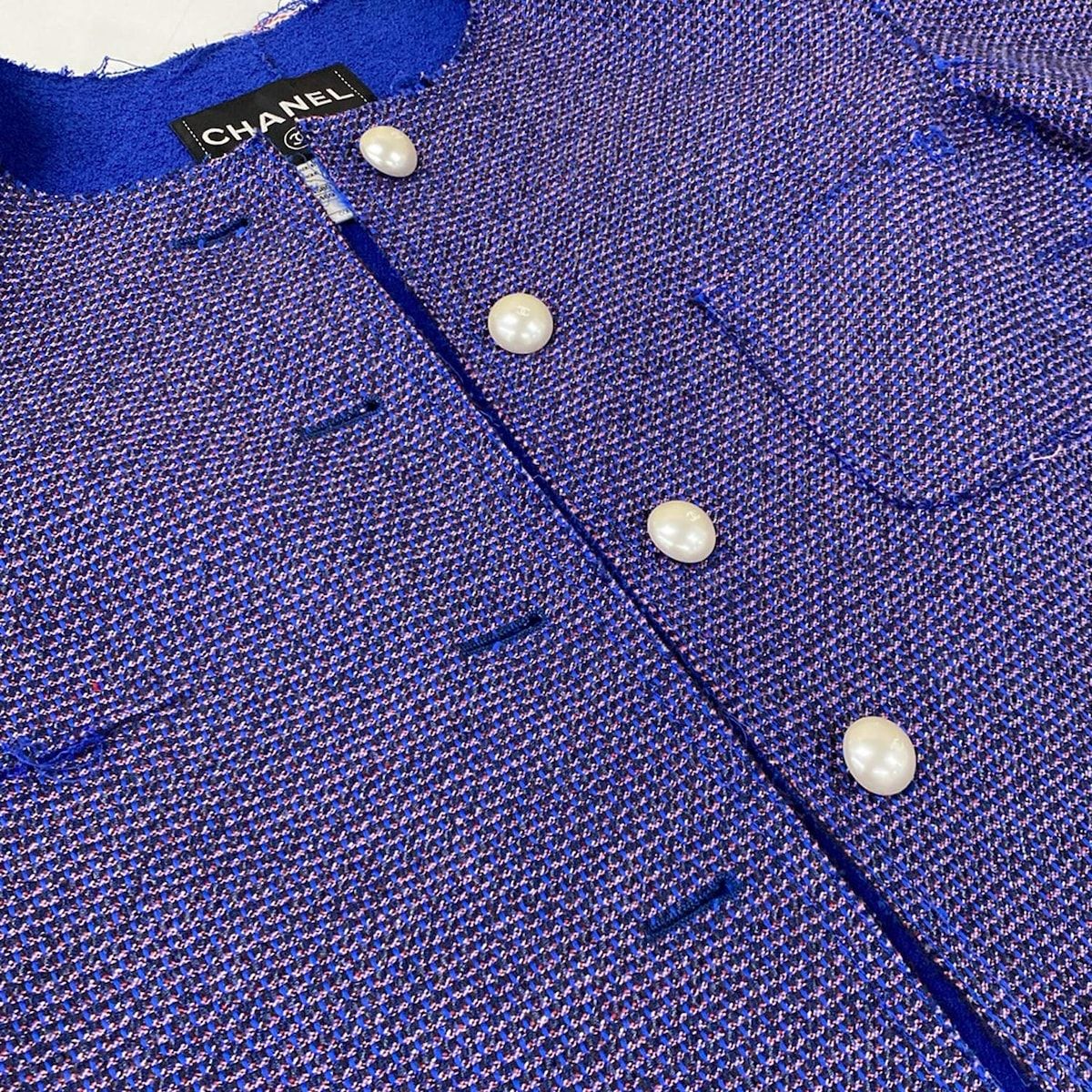 Chanel Jacket 36 S Blue Pink Black Pearl Tweed Cotton — view 9