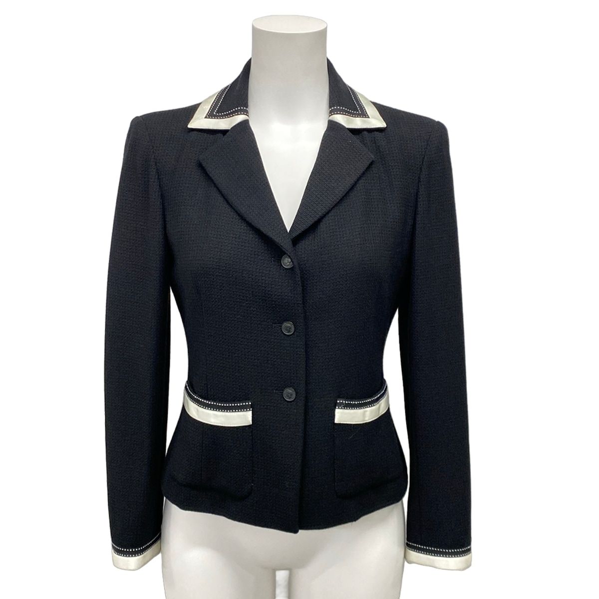 Chanel Jacket 38 M Black White Long Sleeve Shoulder Pad Spring Autumn Wool Silk