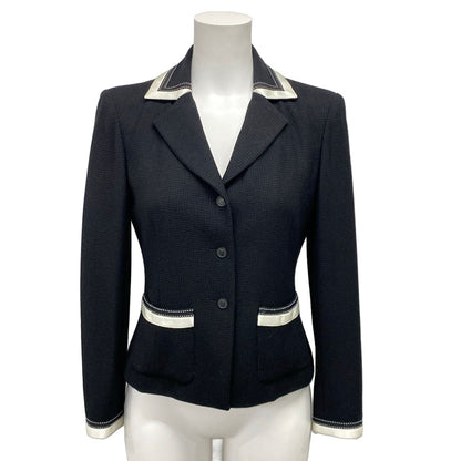 Chanel Jacket 38 M Black White Long Sleeve Shoulder Pad Spring Autumn Wool Silk