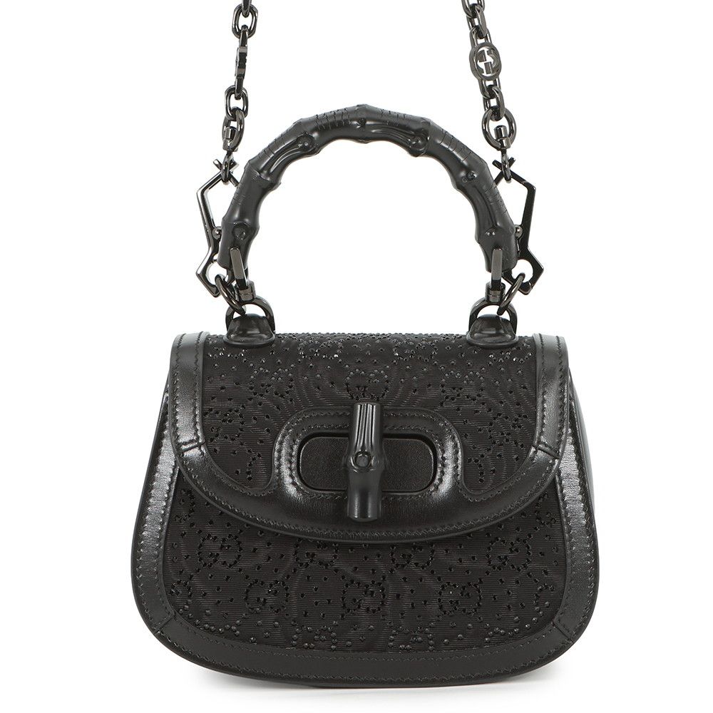 Gucci Handbag Bamboo Top Handle GG Line Stone Canvas Leather 2-Way Black