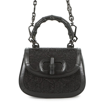 Gucci Handbag Bamboo Top Handle GG Line Stone Canvas Leather 2-Way Black