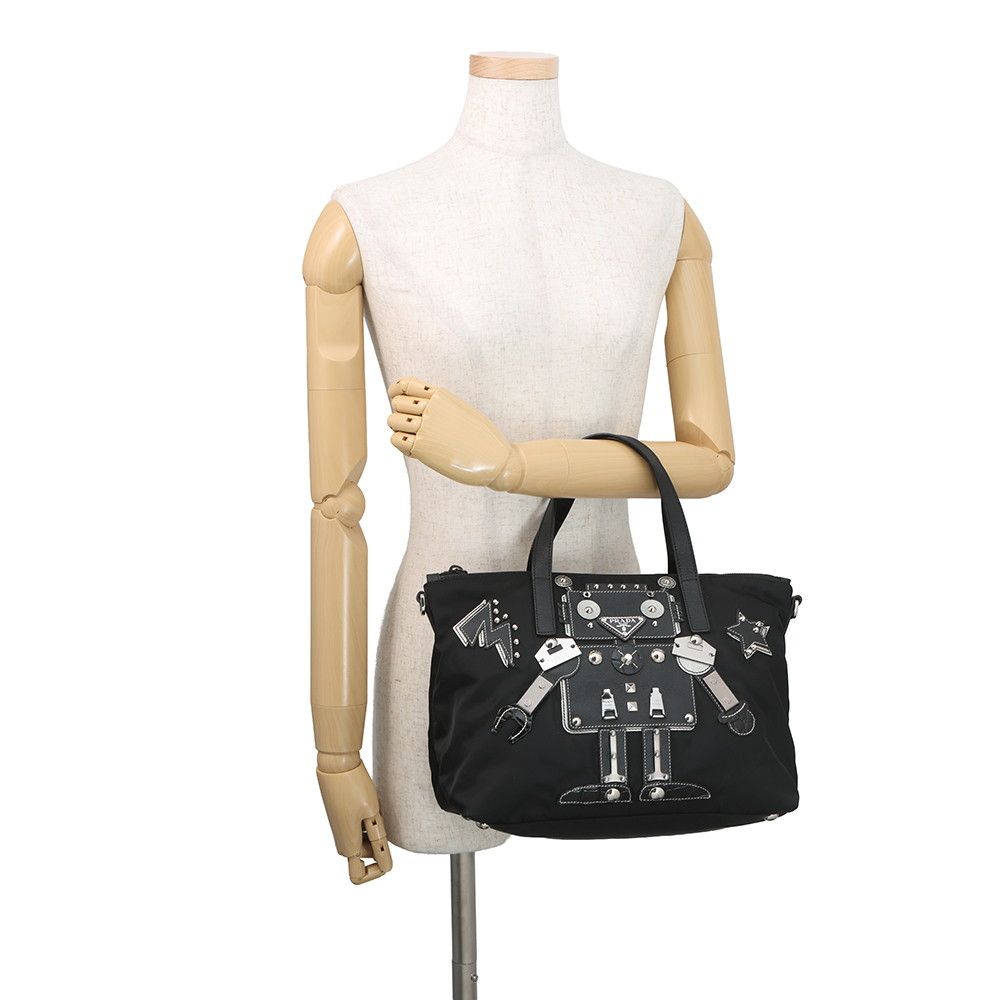 Prada Handbag Triangle Logo Robot Nylon Leather Black 2-Way — view 4