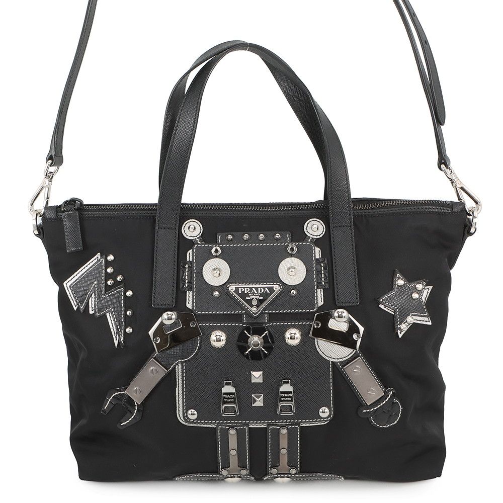Prada Handbag Triangle Logo Robot Nylon Leather Black 2-Way