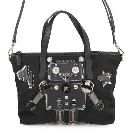 Prada Handbag Triangle Logo Robot Nylon Leather Black 2-Way