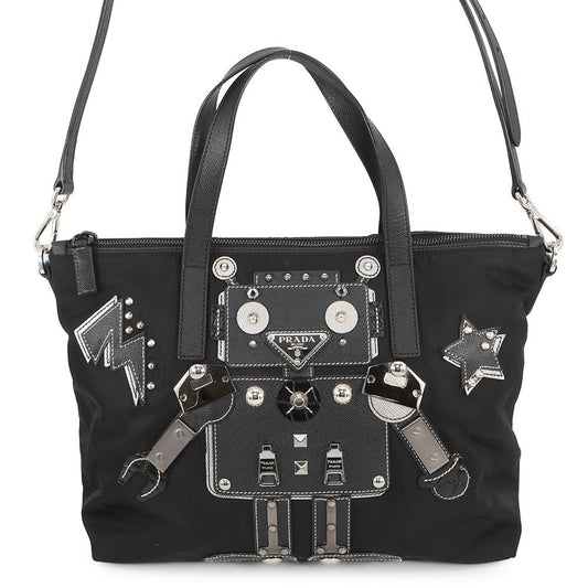 Prada Handbag Triangle Logo Robot Nylon Leather Black 2-Way