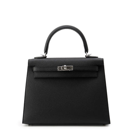Hermes Handbag Kelly 25 Sellier Black Silver Epsom 2-Way