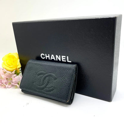 Chanel Key Case CC Logo Caviar Leather Black Key Hook Key Holder