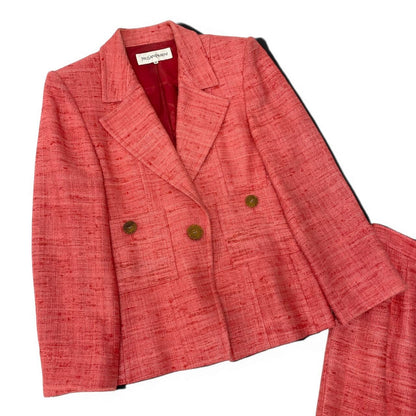 Saint Laurent Yves Set Skirt Suit Tweed Jacket Knee Length 36 Pink Silk — view 3