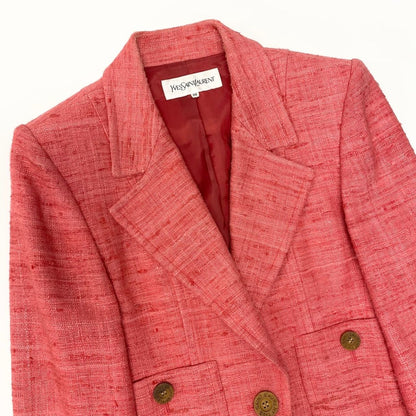 Saint Laurent Yves Set Skirt Suit Tweed Jacket Knee Length 36 Pink Silk — view 4