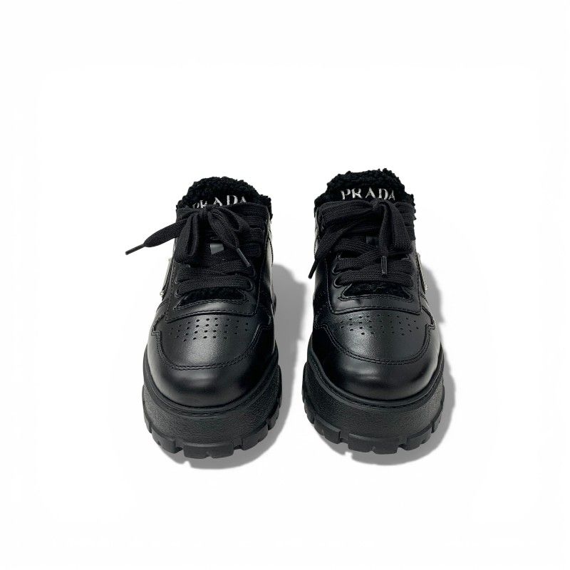 Prada Sneakers Shoes Leather Shearling Black Triangle Logo Boa — view 2
