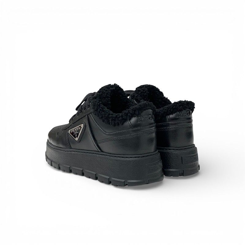 Prada Sneakers Shoes Leather Shearling Black Triangle Logo Boa — view 4