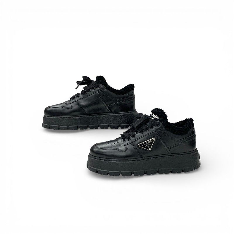 Prada Sneakers Shoes Leather Shearling Black Triangle Logo Boa — view 3