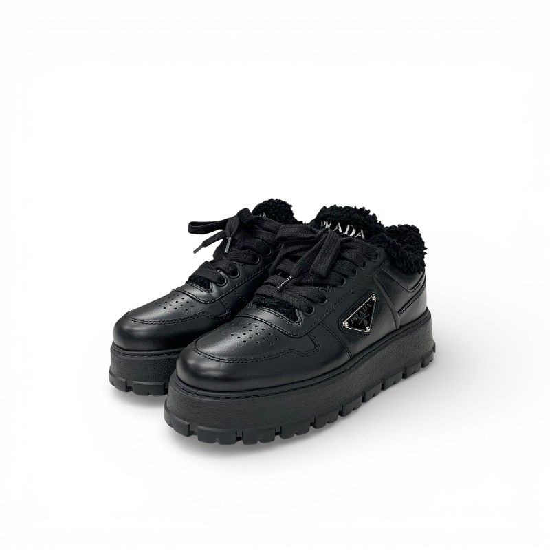 Prada Sneakers Shoes Leather Shearling Black Triangle Logo Boa