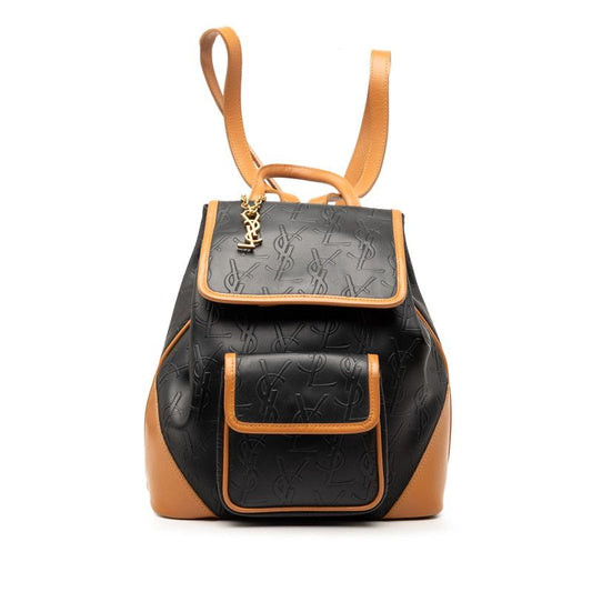 Saint Laurent YSL Logo Monogram Backpack Black Brown Leather